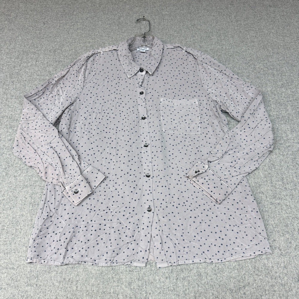 Splendid Star Print Button Down Shirt Size Large Mauve Navy Long Sleeve Epaulets